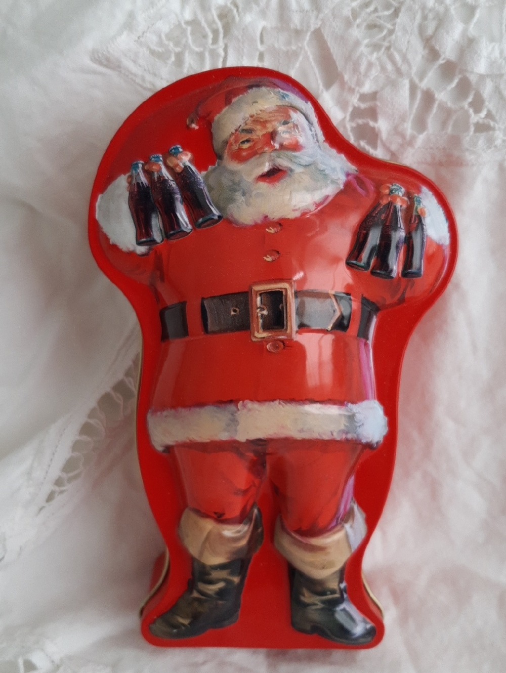 Coca Cola Red and White Santa Tin Holiday Figure